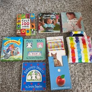 Bundle of books, cards set and lovevery paint sticks with bag